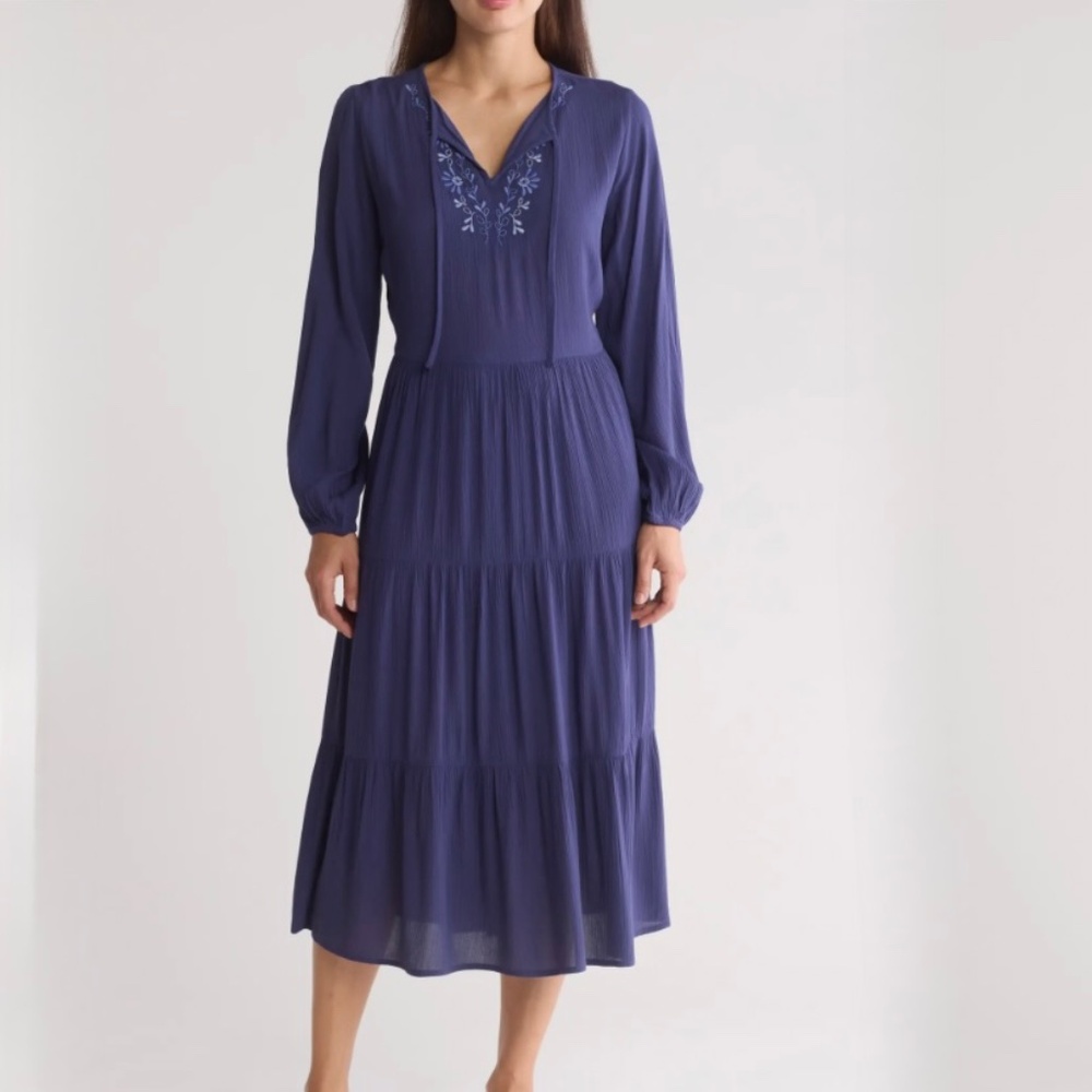 Beachlunchlounge Damara Long Sleeve Embroidered Midi Dress Blue XS